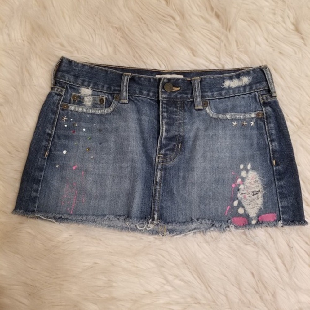 Y2K Hollister Denim micro Mini Skirt Embellished Distressed Blue Size‎ 3